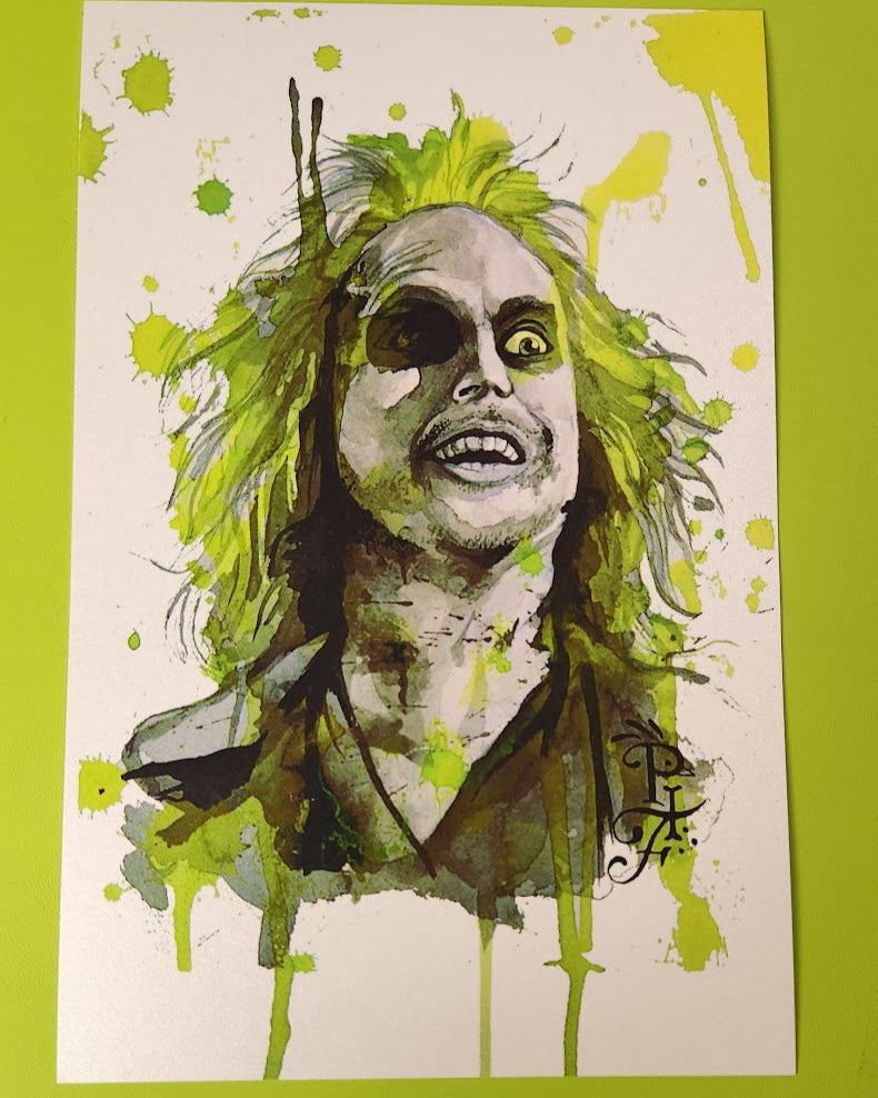 Artistic depiction of Beetlejuice with green accents on a white background